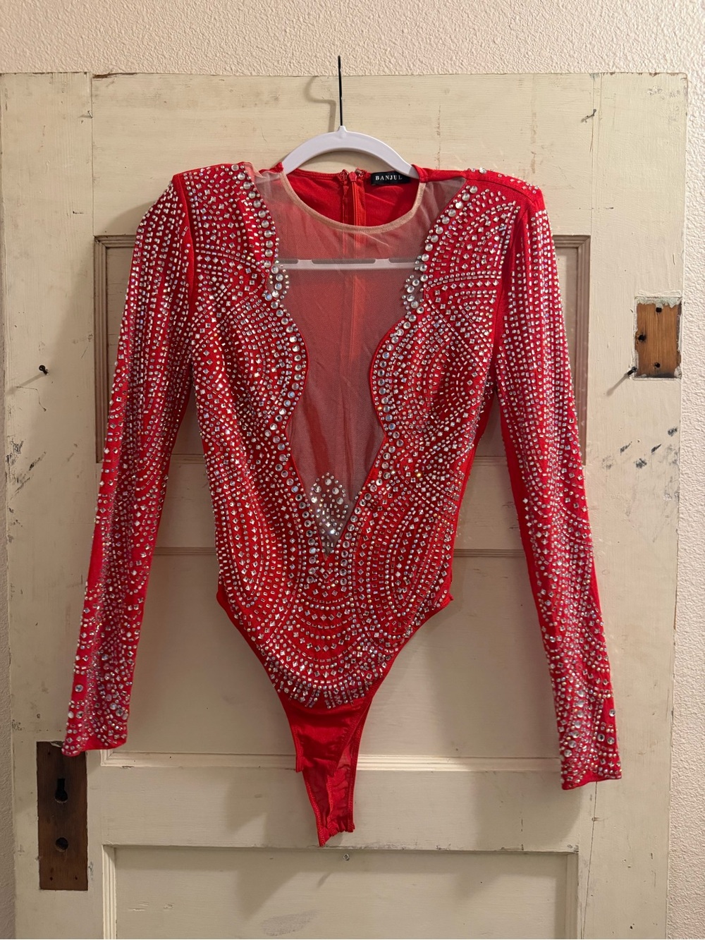 Banjul Red Rhinestone Crystal Mesh Bodysuit Long Sleeve